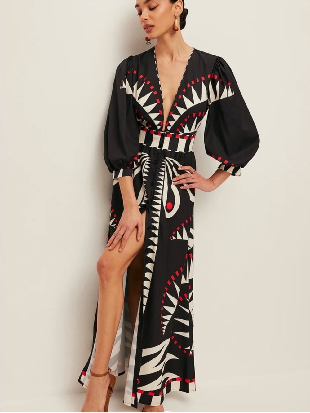 Black Abstract Print V-Neck Maxi Dress with Puff Sleeves